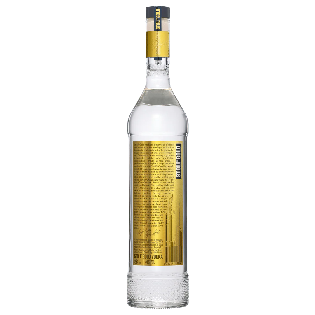 stolichnaya-gold - sip22 Bottle of Stoli Gold Premium Vodka, filtered through shungite minerals for extreme purity, available for delivery in Amman, Jordan.