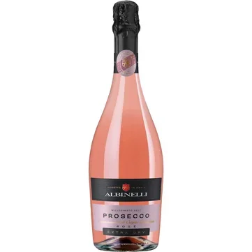 Albinelli Prosecco DOC Extra Dry Rosé Millesimato, a bright pink vintage sparkling wine from Italy, available for delivery in Amman.