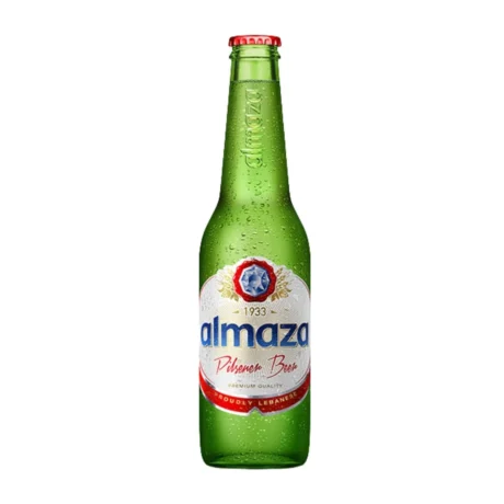 The iconic green bottle of Almaza Pilsner with its blue label and Lebanese heritage branding, a refreshing 4.2% ABV lager available for delivery in Amman.