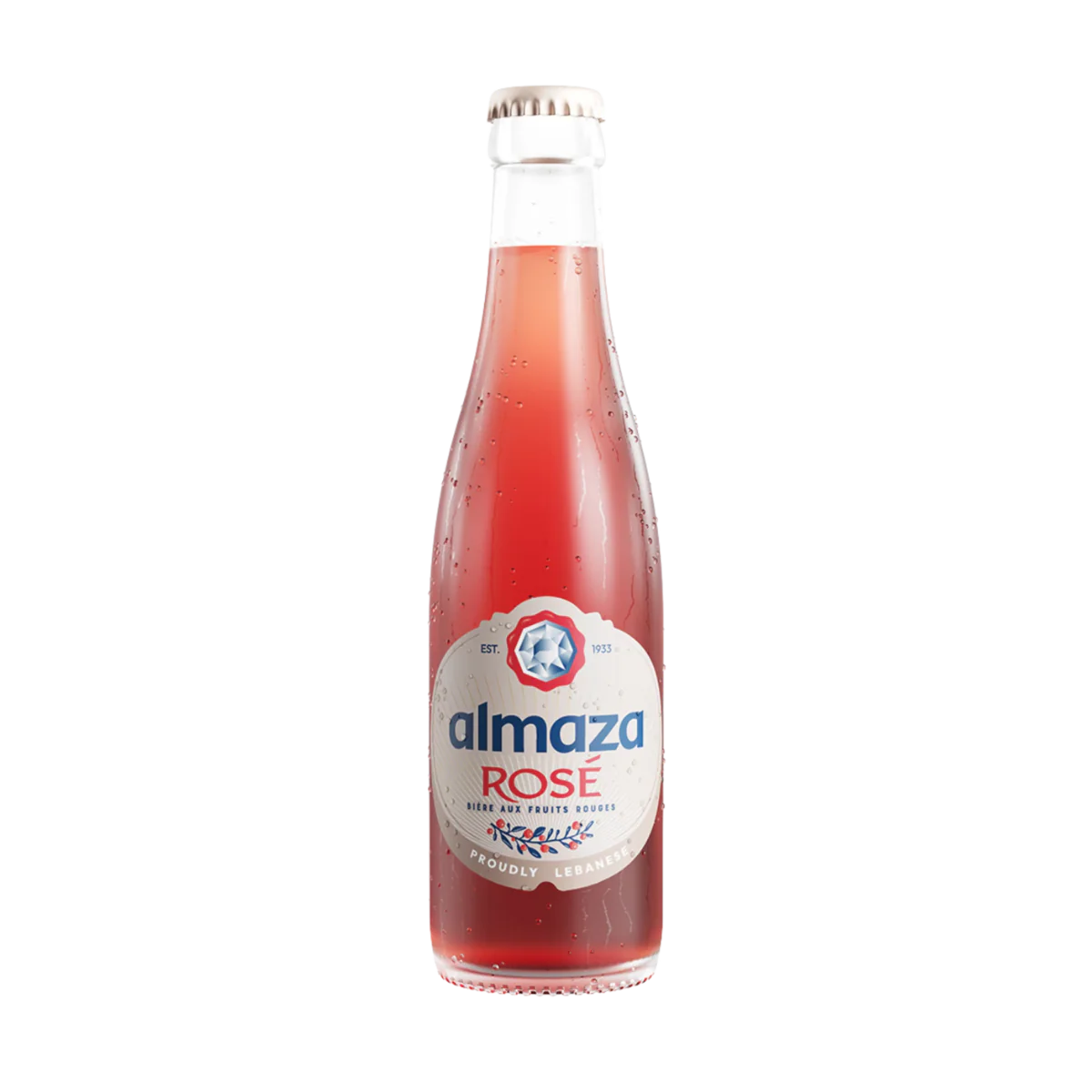 Almaza-Rose-bottle-wine-spirits-free-delivery-premium-alcohol-amman-jordan - sip22 A chilled bottle of Almaza Rosé showing its vibrant pink color and fruit-themed label, a 2.7% ABV red fruit beer available for delivery in Amman, Jordan.