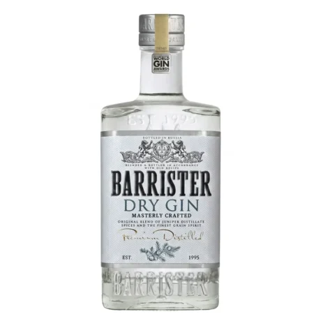 Premium square-shouldered bottle of Barrister Dry Gin ready for delivery by SIP22