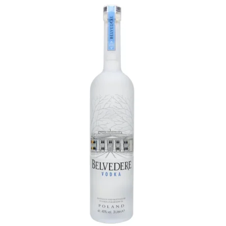 The iconic frosted bottle of Belvedere Vodka featuring the Polish Presidential Palace, available for fast delivery in Amman, Jordan.