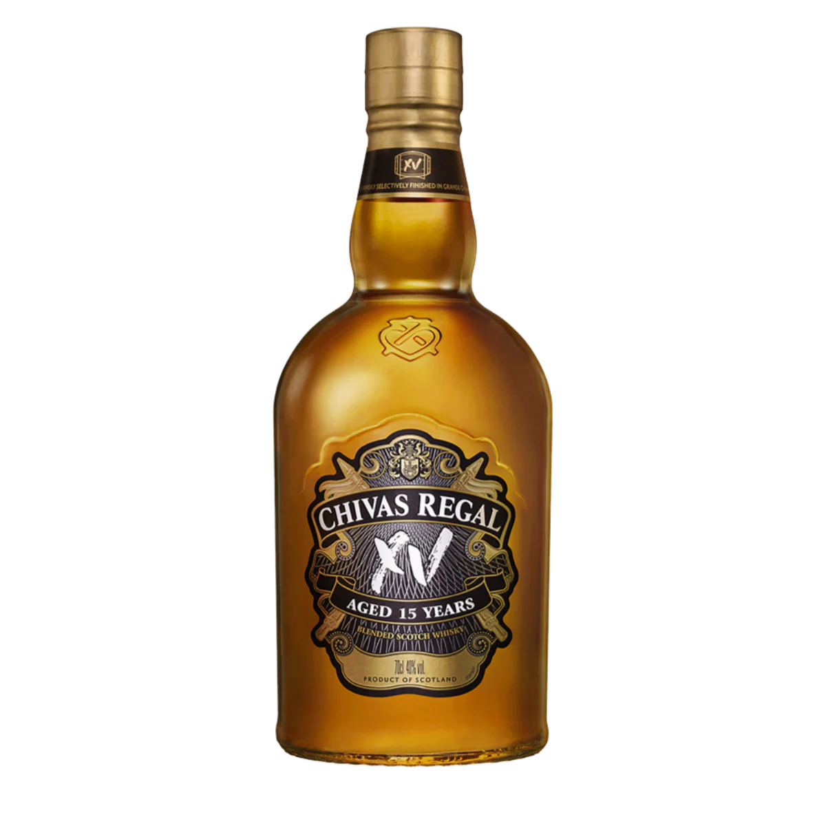 The gold-themed bottle of Chivas Regal XV, a 15-year-old blended Scotch whisky finished in cognac casks, available for delivery in Amman, Jordan.