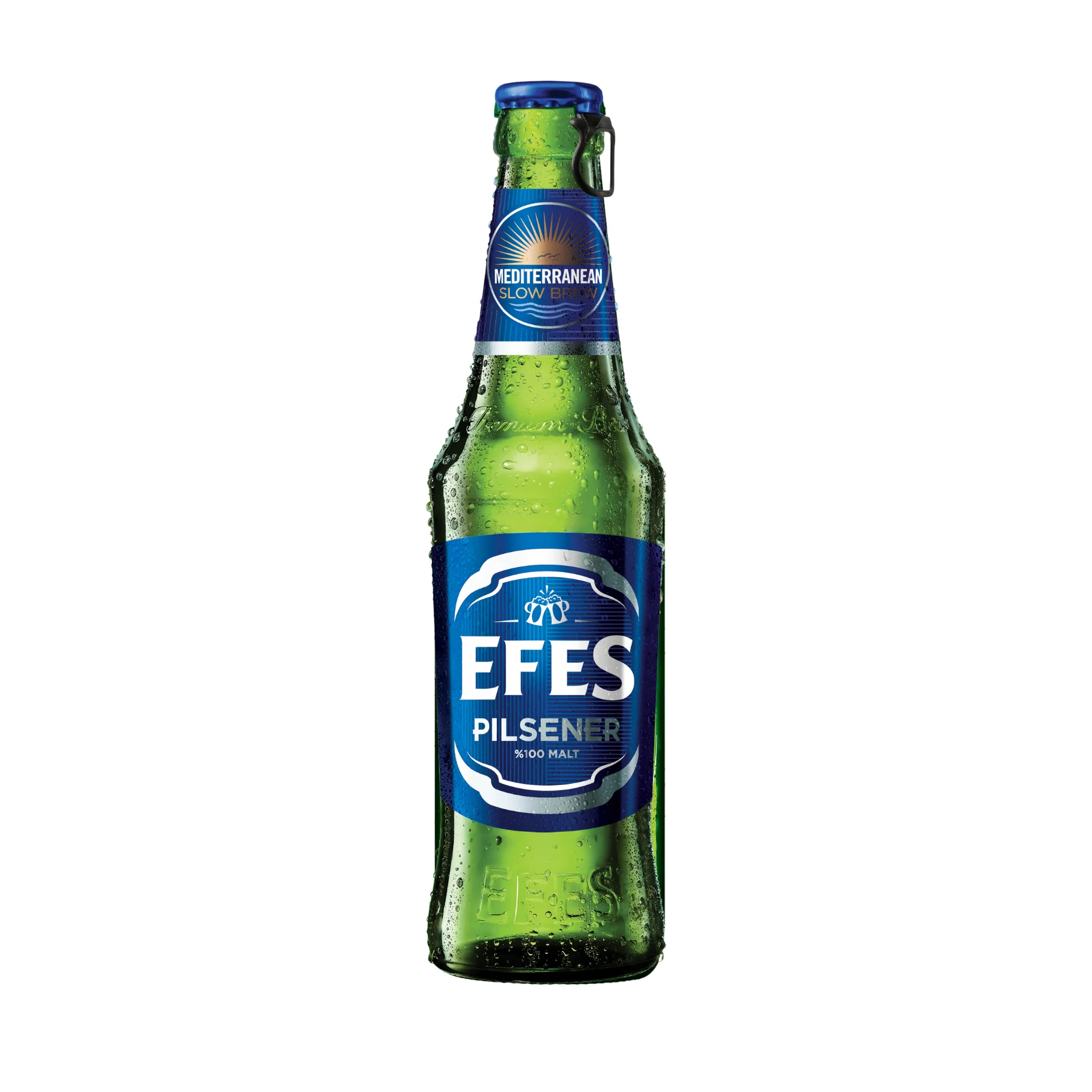 Effes-Beer-premium-delivery-amman - sip22 A cold bottle of Efes Pilsener, Turkey's #1 beer, with condensation and a glass of golden lager, available for delivery in Amman.