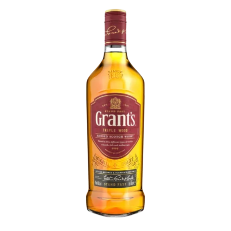 The iconic triangular bottle of Grant’s Triple Wood Blended Scotch Whisky , matured in three types of oak, available for delivery in Amman.