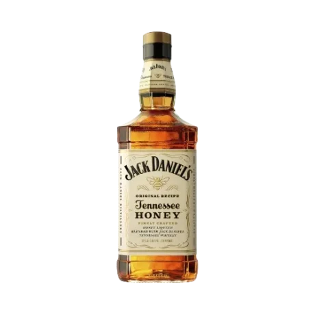 The iconic yellow-labeled bottle of Jack Daniel’s Tennessee Honey, featuring a honeybee and the classic square Jack Daniel's design, available for delivery in Amman.