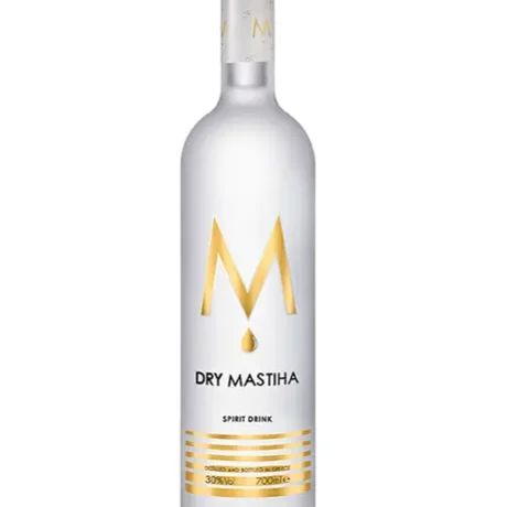 The sleek 70cl bottle of M Dry Mastiha with its minimalist white and black label, a premium 30% ABV dry Greek spirit from Isidoros Arvanitis, available for delivery in Amman.