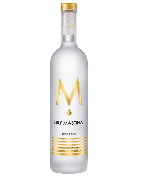 Mastiha_dry - sip22 The sleek 70cl bottle of M Dry Mastiha with its minimalist white and black label, a premium 30% ABV dry Greek spirit from Isidoros Arvanitis, available for delivery in Amman.