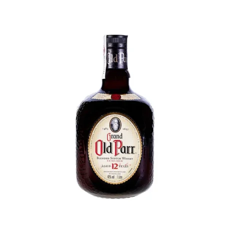 The distinctive crackled brown bottle of Grand Old Parr 12 Year Old Blended Scotch Whisky, available for delivery in Amman.