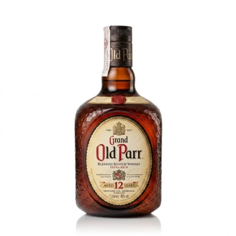 The distinctive crackled brown bottle of Grand Old Parr 12 Year Old Blended Scotch Whisky, available for delivery in Amman.