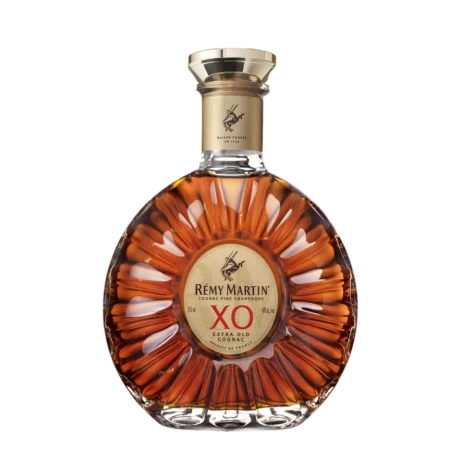 The iconic sun-shaped decanter of Rémy Martin XO Fine Champagne Cognac, a 40% ABV ultra-premium spirit available for delivery in Amman, Jordan.