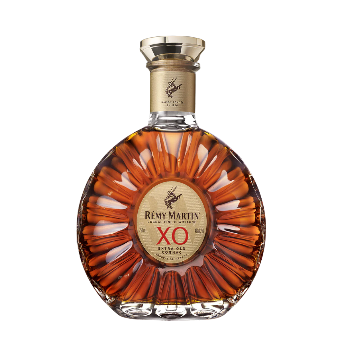 RemyMartinCognacXO - sip22 The iconic sun-shaped decanter of Rémy Martin XO Fine Champagne Cognac, a 40% ABV ultra-premium spirit available for delivery in Amman, Jordan.