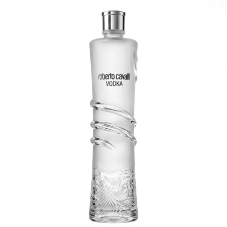 The elegant glass bottle features frosted glass on the top half with the brand logo, and clear glass with a distinctive, textured twisting pattern on the bottom half. It is sealed with a polished silver cap.