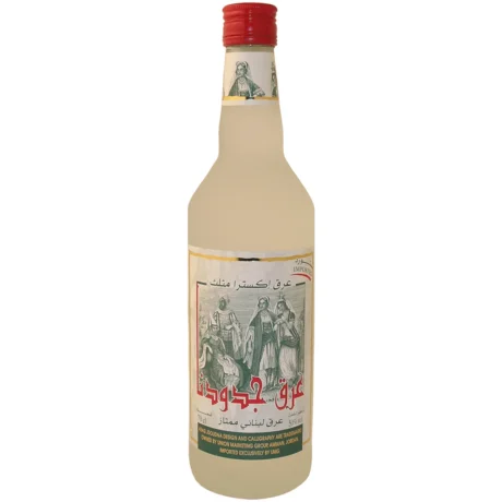 A bottle of Arak Jdoudna, a triple-distilled and clay-aged Lebanese spirit with 50% ABV, available for delivery in Amman, Jordan.