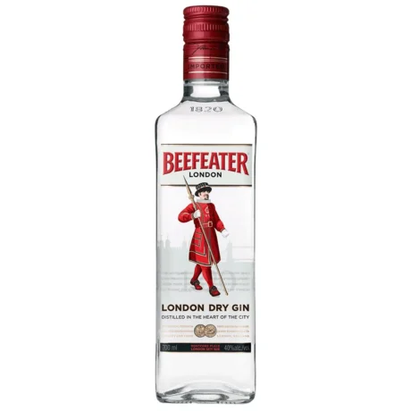 The iconic transparent bottle of Beefeater London Dry Gin featuring the red Yeoman Warder label, an authentic London spirit available for delivery in Amman, Jordan.