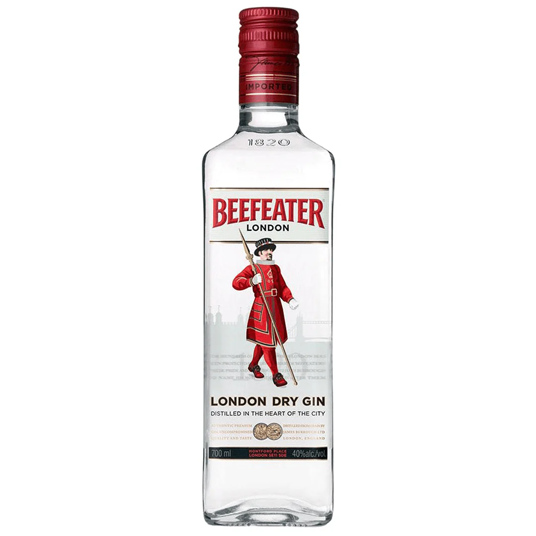 beefeater-london-dry-gin - sip22 The iconic transparent bottle of Beefeater London Dry Gin featuring the red Yeoman Warder label, an authentic London spirit available for delivery in Amman, Jordan.