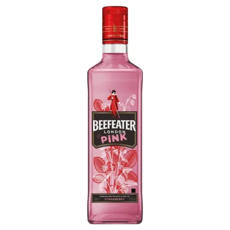 A bottle of Beefeater Pink Strawberry Gin with its clear glass showing the vibrant light-pink spirit, available for fast delivery in Amman, Jordan.