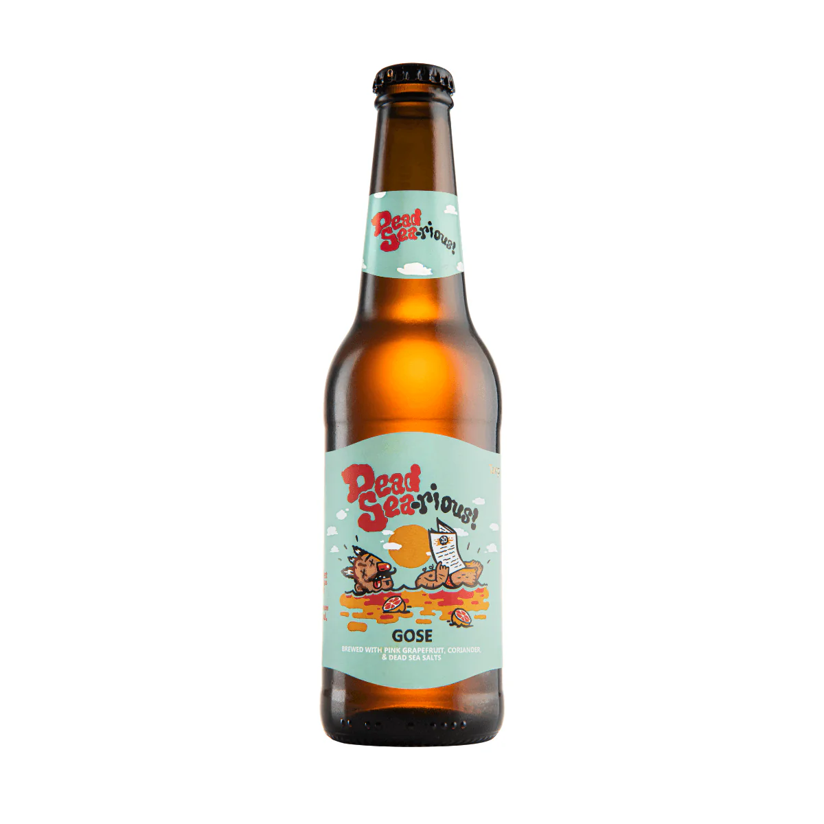 carakale-dead-sea-rious-beer-sip22-33cl-free-delivery-premium-alcohol-amman-jordan - sip22 A bottle of Carakale Dead Sea-rious Gose featuring the funny 'Dead Sea' swimmer logo, a premium Jordanian sour beer with salt and grapefruit, available for delivery in Amman.