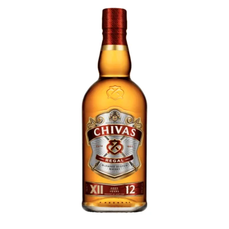 A bottle of Chivas Regal 12 Year Old Blended Scotch Whisky with its iconic silver and red label, available for fast delivery in Amman, Jordan.