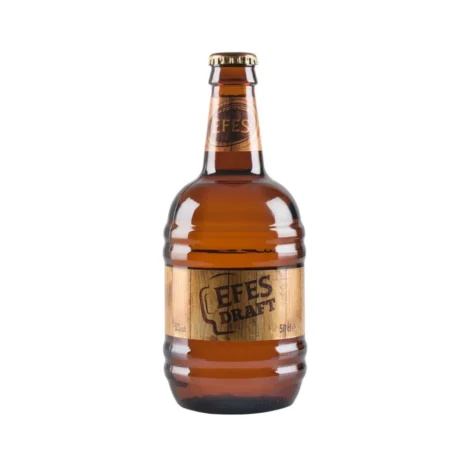 Efes Draft Beer in its unique brown barrel-shaped 50cl bottle, a semi-pasteurized fresh lager available for delivery in Amman.
