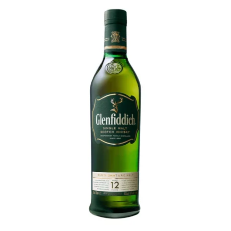 The iconic triangular bottle of Glenfiddich 12 Year Old Single Malt Scotch Whisky, available for delivery in Amman, Jordan.