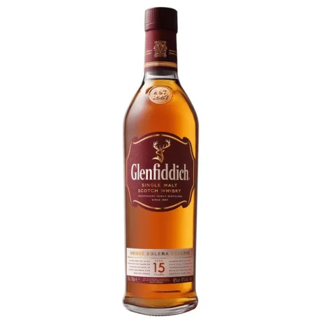 A bottle of Glenfiddich 15 Year Old Solera Reserve Single Malt Scotch Whisky with its premium gold-and-red packaging, available for delivery in Amman.
