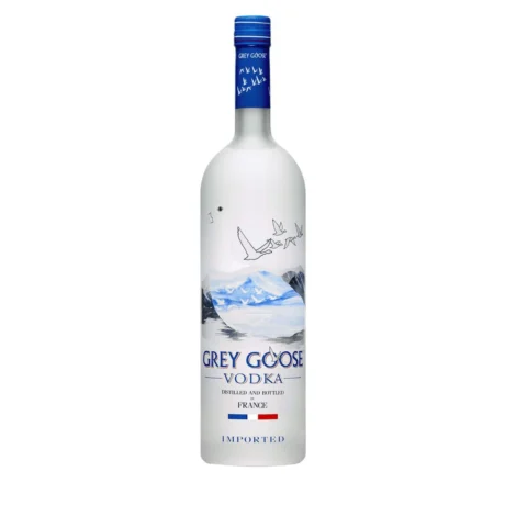 The iconic frosted glass bottle of Grey Goose Vodka, available for premium delivery in Amman, Jordan.