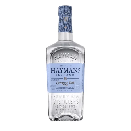 The elegant clear bottle of Hayman’s London Dry Gin with its classic blue label and heritage branding, a premium 41.2% ABV English gin available for delivery in Amman.