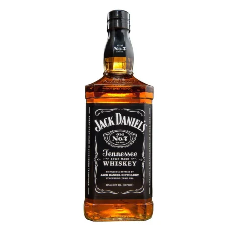 The iconic square bottle and black label of Jack Daniel’s Old No. 7 Tennessee Whiskey, available for fast delivery in Amman, Jordan.