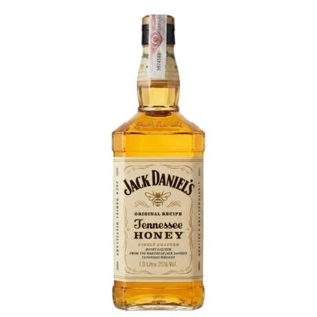 The iconic yellow-labeled bottle of Jack Daniel’s Tennessee Honey, featuring a honeybee and the classic square Jack Daniel's design, available for delivery in Amman.