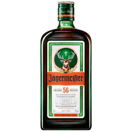 The classic green bottle of Jägermeister Herbal Liqueur featuring the stag and cross logo, an authentic German digestif available for delivery in Amman, Jordan.