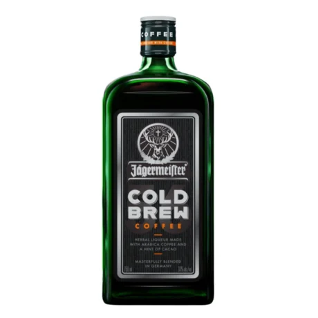 The Jägermeister Cold Brew Coffee bottle featuring a dark brown label and the classic stag logo, a premium coffee-infused herbal spirit available for delivery in Amman, Jordan.