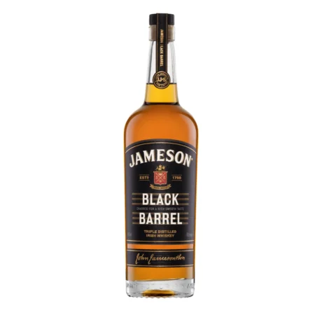 The dark-labeled bottle of Jameson Black Barrel Irish Whiskey, featuring its signature double-charred barrel maturation, available for delivery in Amman, Jordan.
