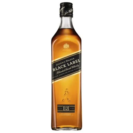 The iconic square bottle of Johnnie Walker Black Label 12 Year Old Blended Scotch Whisky with its slanted black label and gold walking man logo, available for delivery in Amman, Jordan.