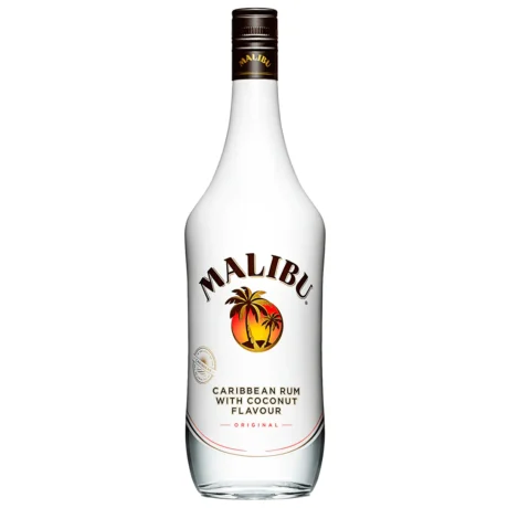 The iconic white opaque bottle of Malibu Original Coconut Rum with its famous palm tree logo, a tropical spirit available for delivery in Amman, Jordan.