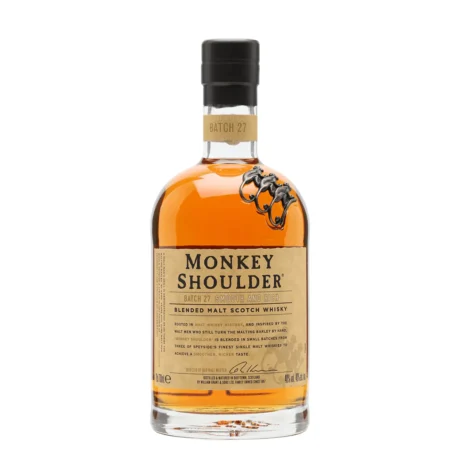 The iconic Monkey Shoulder Blended Malt Scotch bottle with three brass monkeys, a smooth Speyside whisky available for delivery in Amman.