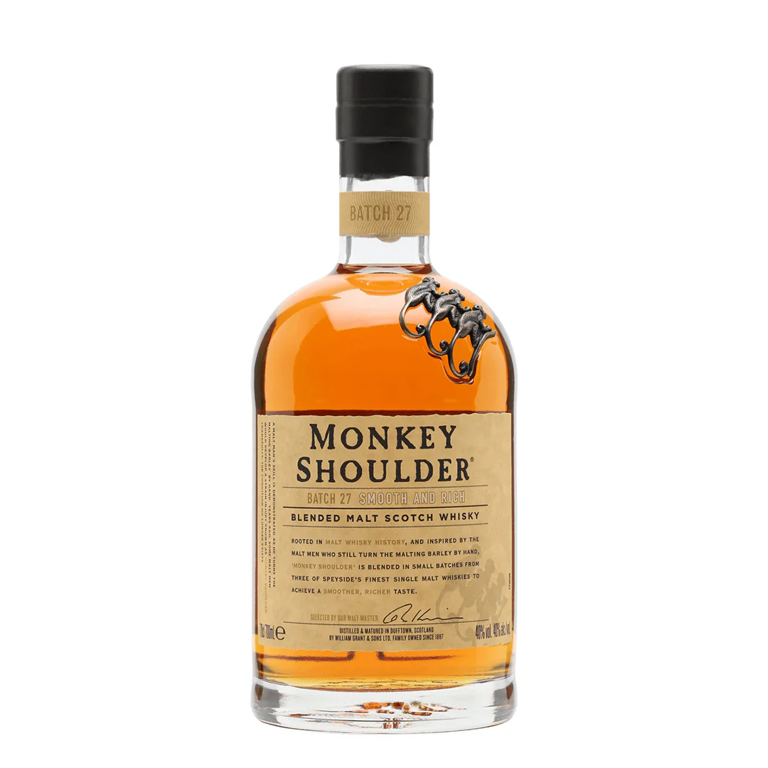 monkey-shoulder-malt-scotch-whisky-195518 - sip22 The iconic Monkey Shoulder Blended Malt Scotch bottle with three brass monkeys, a smooth Speyside whisky available for delivery in Amman.