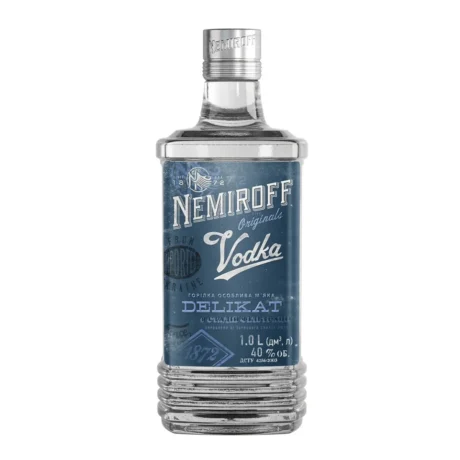 The classic tall bottle of Nemiroff Original Vodka with its iconic black and silver label, a 40% ABV premium Ukrainian grain spirit available for delivery in Amman.