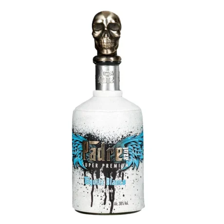 The striking Padre Azul Tequila Blanco bottle featuring a large silver skull cap and a hand-laced black leather jacket, a super premium Mexican spirit available for delivery in Amman.