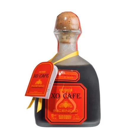 Bottle of Patrón XO Cafe Incendio, a chile and chocolate infused tequila liqueur, available for delivery in Amman, Jordan.