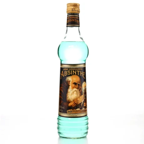 The iconic bottle of Père Kermann's Absinthe with its distinctive light green spirit and vintage-style label, a premium French wormwood spirit available for delivery in Amman, Jordan.