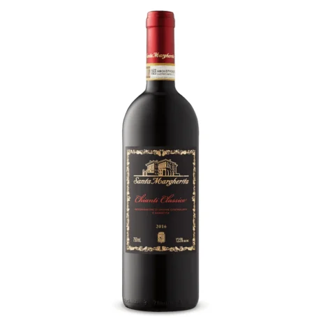Santa Margherita Chianti Classico DOCG, featuring the black rooster emblem and intense ruby-red Tuscan wine, available for delivery in Amman.