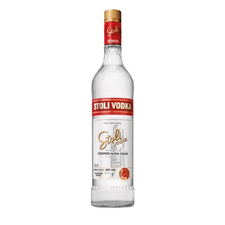 The modern Stoli Premium Vodka bottle with its signature red and gold label, available for delivery in Amman, Jordan.